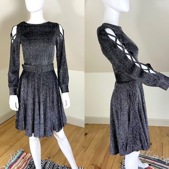 Unbranded Dresses & Skirts - Vintage 60s 70s Metallic Lurex Skater Mini Dress Disco Cutout Sleeves XSmall XS